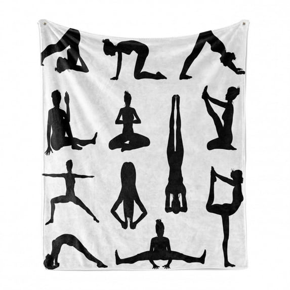Yoga Soft Flannel Fleece Throw Blanket, Various Yoga and Pilates Pose Silhouettes Asanas Prayanama Form Position Wellness, Cozy Plush for Indoor and Outdoor Use, 70" x 90", Black White, by Ambesonne