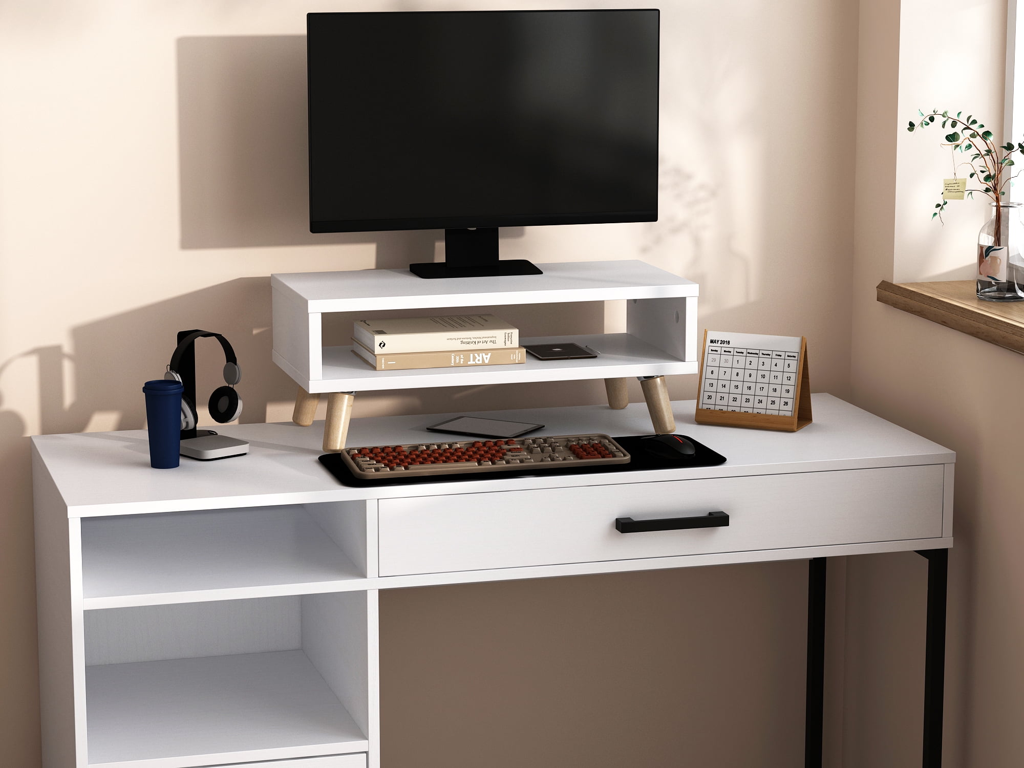 Mainstays Desk Riser with Wood Legs, White Wood Grain Finish. 9 in Width