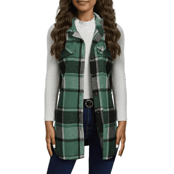 Clearance Sale! Pxiakgy Women Fashion Plaid Vest Sleeveless Button Down Shirts Lapel Long Waistcoat Lightweight Jacket Casual Outing Family Camping Coat Green Xxl