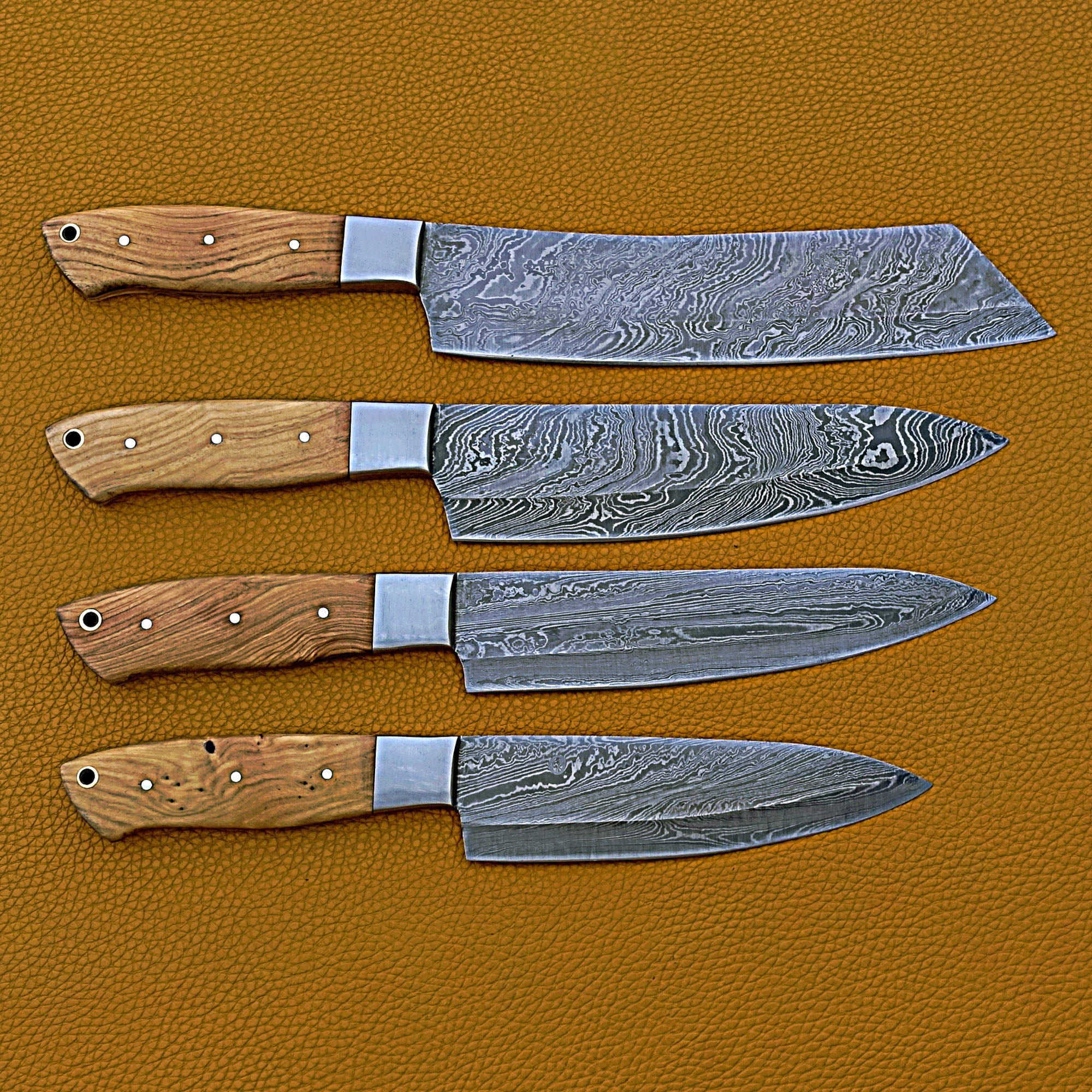 Smart & Sharp Custom Handmade Damascus Chef Knives Set/Kitchen Knives 4 Pieces Set 17408 (Olive Wood)