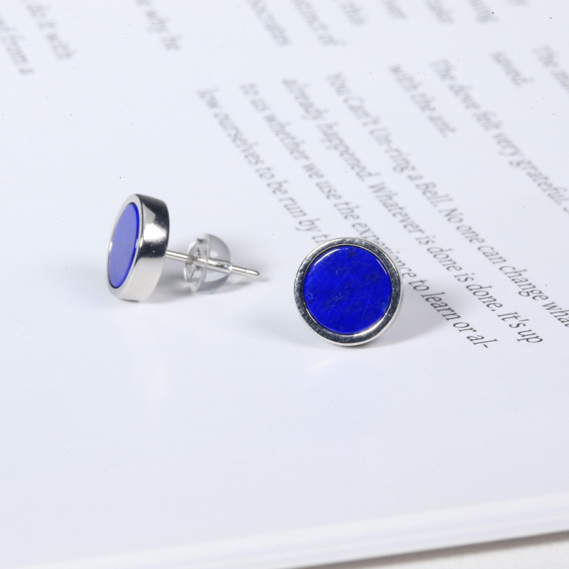 White Gold Plated Lapis Lazuli Stud Earrings – Round Natural Blue Gemstone, Hypoallergenic Minimalist Geometric Jewelry for Women & Men with RTT Jewelry Box