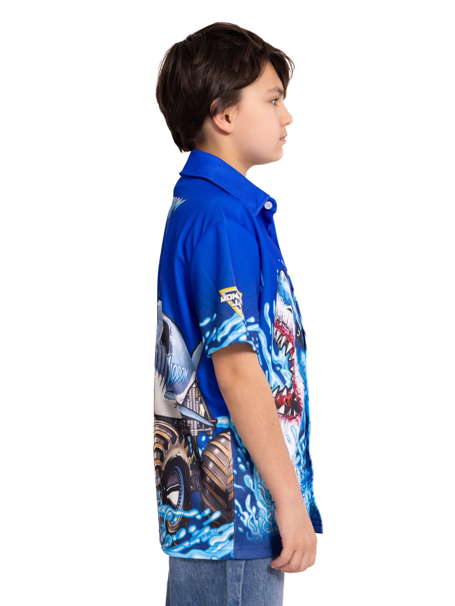 Monster Jam Megalodon Boys Button Shirt with Short Sleeves, Sizes 4-16