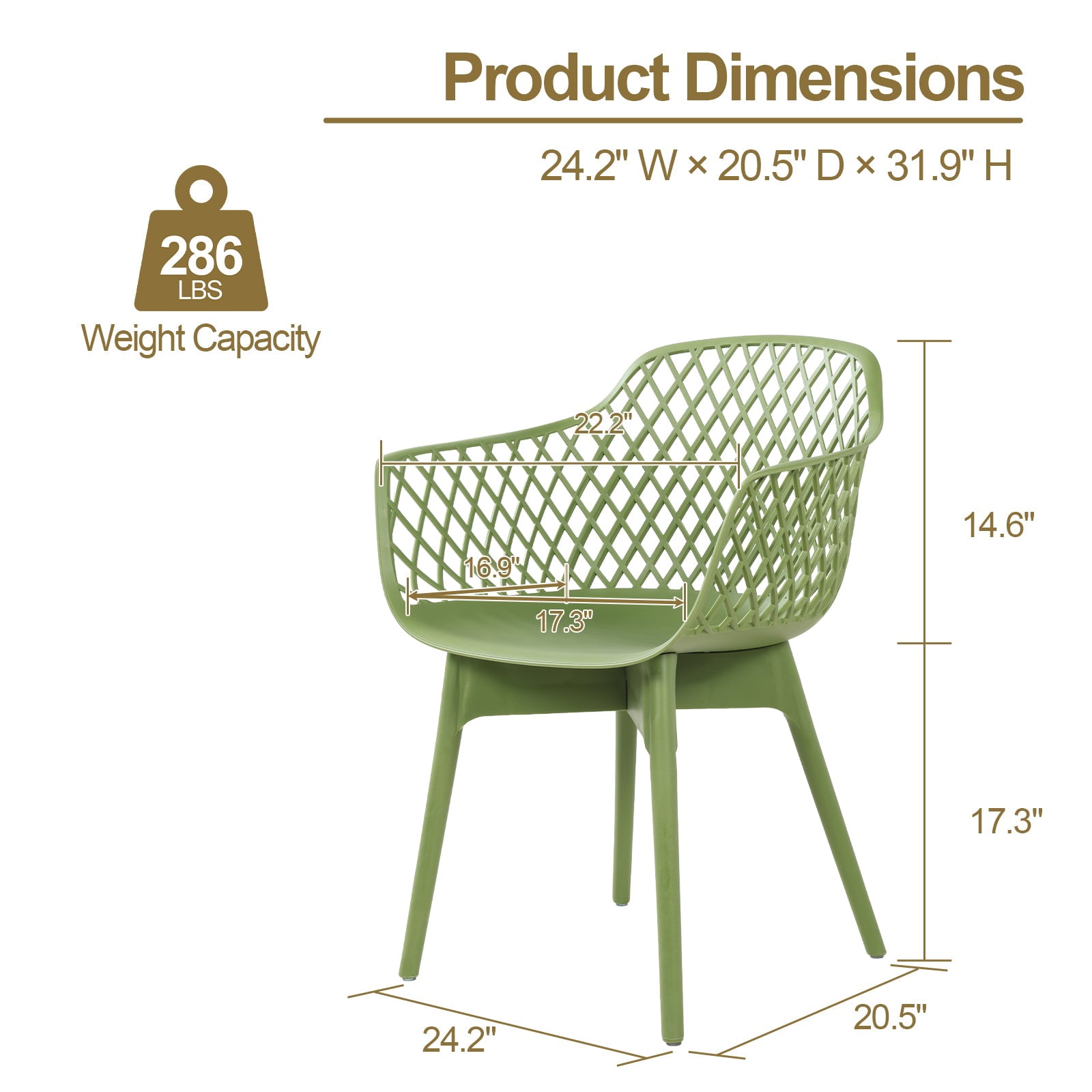 Aoodor Modern Dining Chairs Set of 2, Weather-Resistant Plastic Cafe Chairs with Ergonomic Back and Non-Slip Pad, Suitable for Patio, Restaurant, Yard, Porch, Balcony, Green