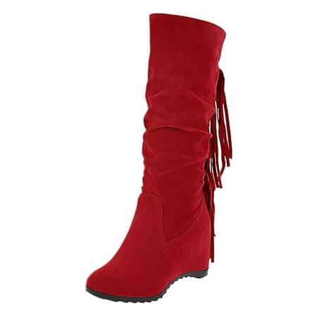 

TALKVE Women s New Tassel Boots In Autumn And Winter Slope Heel Frosted Inner Height Medium Boots