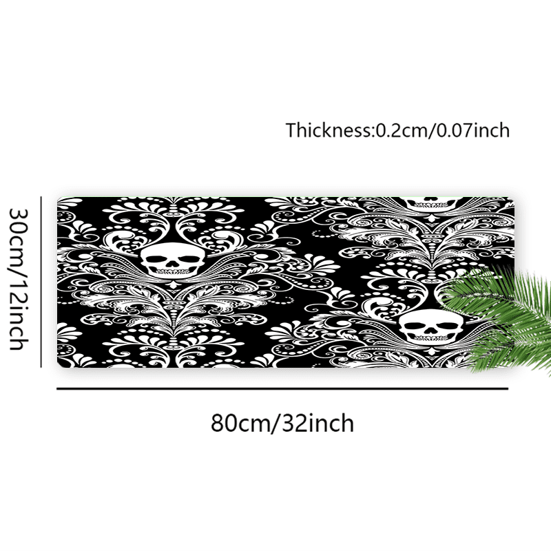 Skull Damask Pattern Mouse Pad 35.4 x 15.8 Inches Black and White Gothic Design for Desk Use