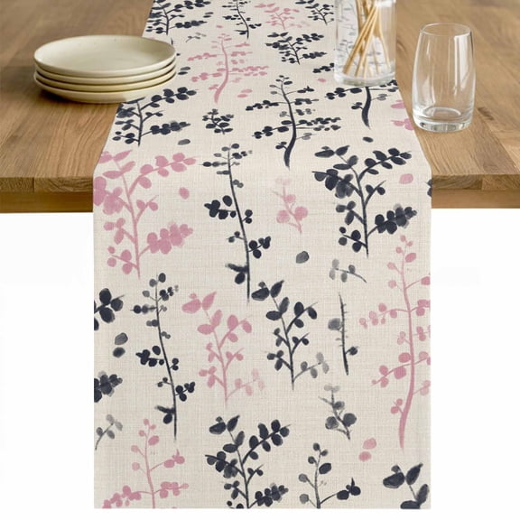 Grey Pink Botanical Table Runner - 60 Inch Long Rustic Country Spring Floral Summer Leaf Cotton and Linen Blended Dress Scarves Farmhouse Table Runner for Kitchen Dining, Coffee Table, 13" x 60"