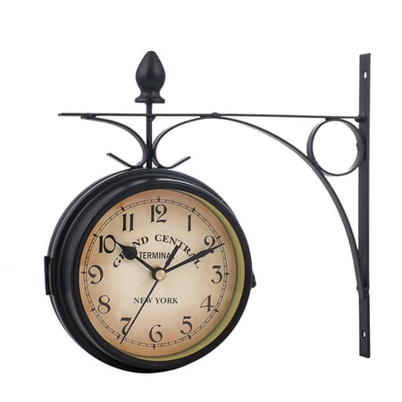 Double-Sided Wall Clock with Vintage Metal Finish, Indoor Outdoor Farmhouse Home Decor Hanging Timepiece