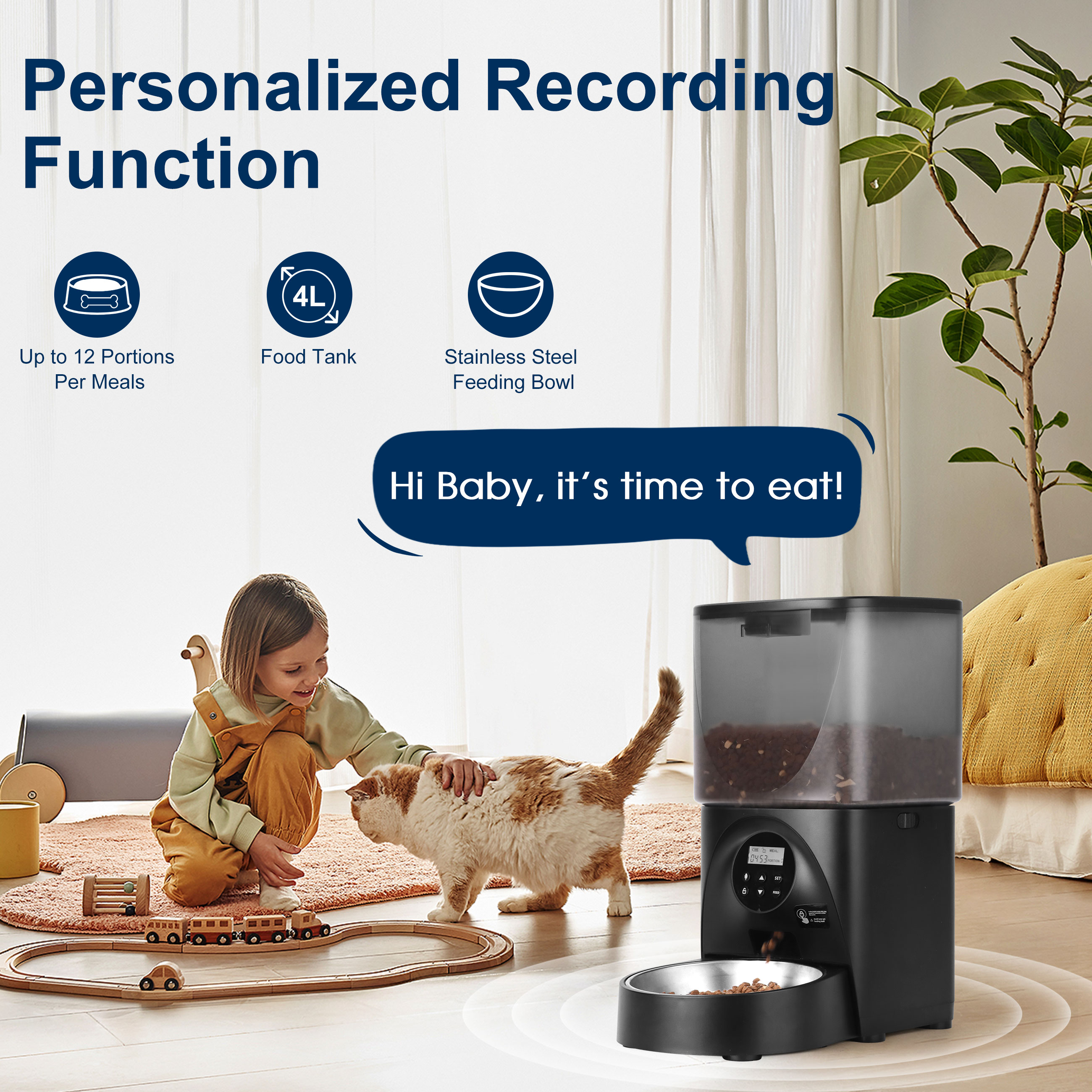 Cobectal Automatic Pet Food Feeder with Portion Control and 10-Second Meal Call, 4L Capacity