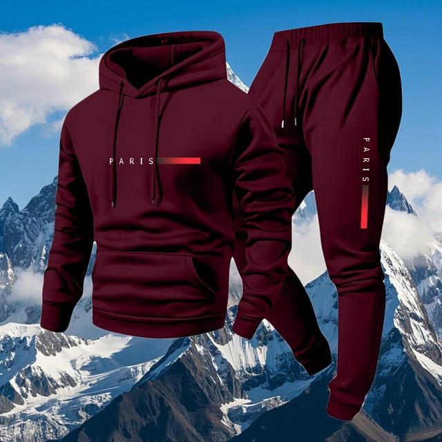 Ceisia Men's PARIS Print Hooded Tracksuit Set with Kangaroo Pocket for Casual & Sports Wear Wine S Gifts