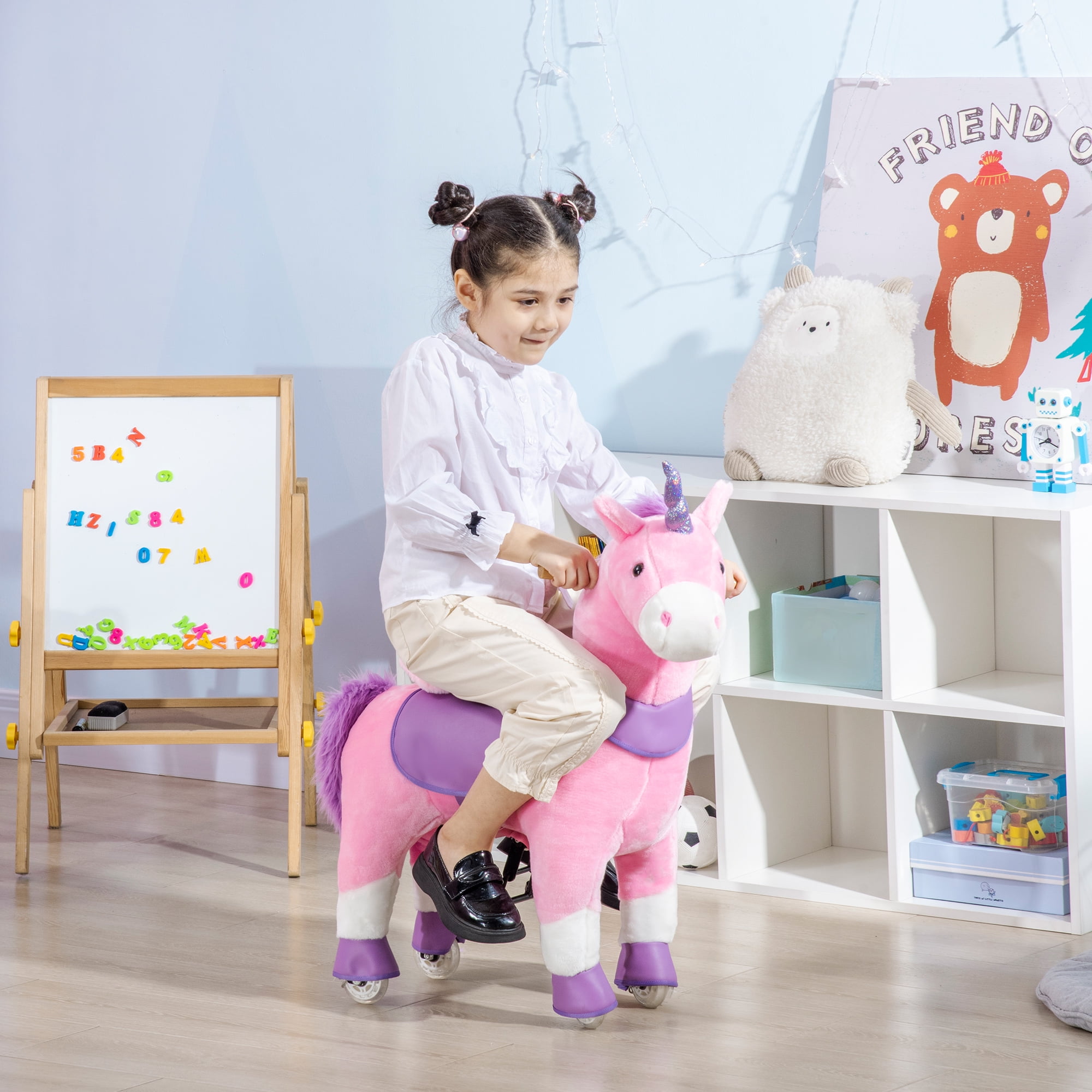 Kids Bikes Qaba Ride On Real Walking Unicorn with Sparkly Horn, Soft Plush Ride On Rocking Horse Bearing 176lbs, Imaginative Interactive Toy for Kids, Unicorn Gifts,Kids Riding Toys