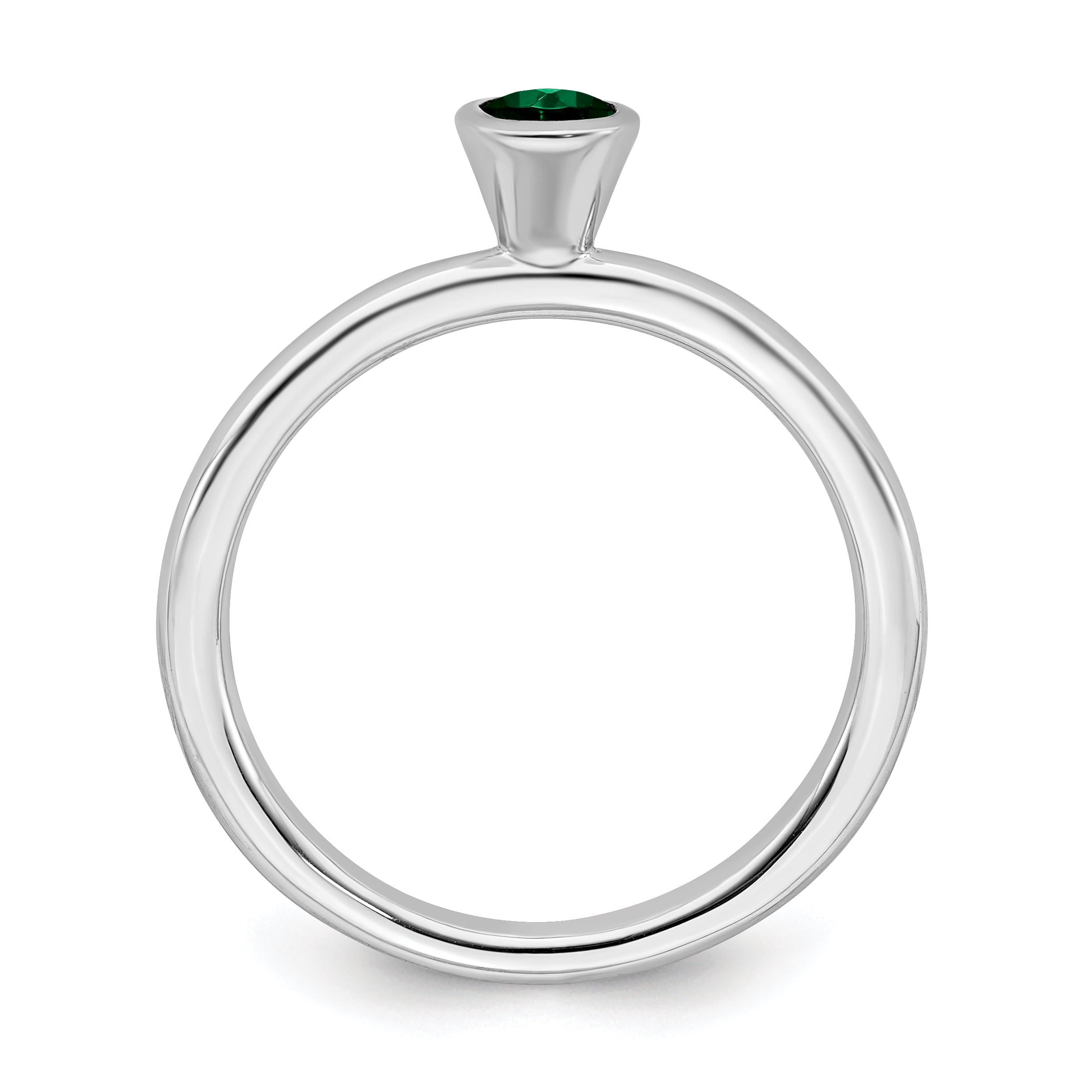 High 4mm Round Created Emerald Sterling Silver Ring