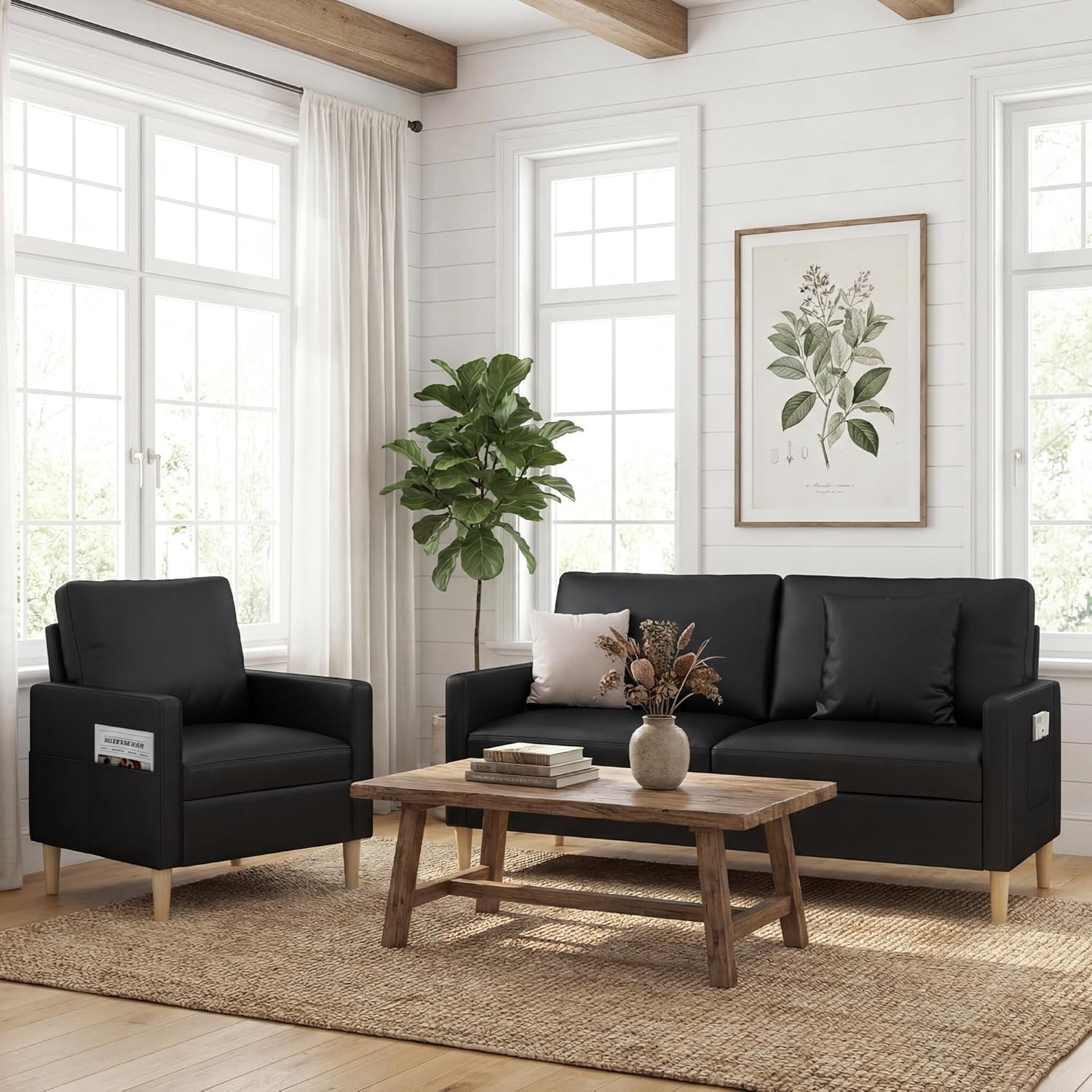 LAZZO 66" Black Faux Leather 2-Seater Loveseat Sofa with USB Charging, Mid-Century Modern Tufted Comfy Cloud Couch for Small Spaces, Living Room Bedroom Office Apartment