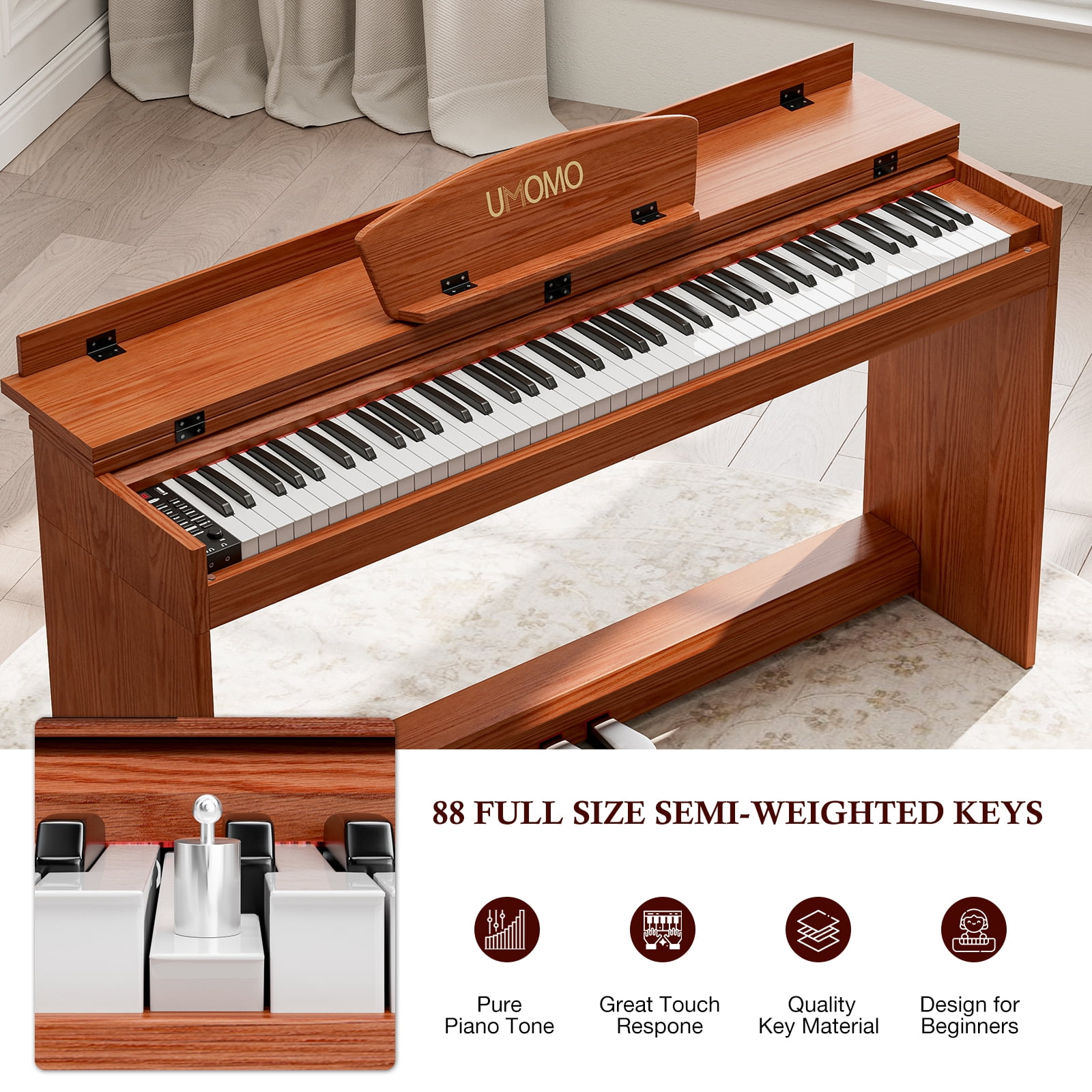 UMOMO 88 Key Digital Piano Keyboard, Full Size Electric Piano with Piano Stand, Headphone Jack, 3 Pedal, Electronic Piano for Beginner, Adults, Brown