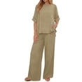 thumbnail image 6 of Costeam Womens Short Sleeve Two Piece Linen Cotton Outfit Solid V Neck Top Drawstring Wide Leg Pants Side Pocket High Waist Loose Casual Matching Set Tracksuit, 6 of 7