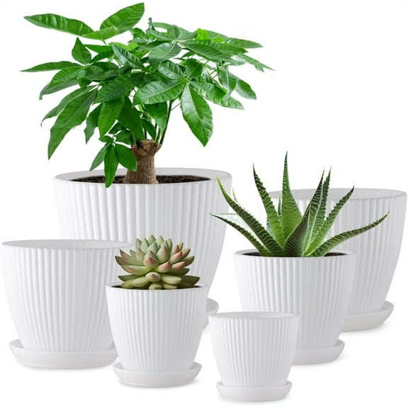 NOGIS 7.5/6.7/5.9/5.1/4.5/3.5 Inch Plant Pot, Plastic Flower Pots with Drainage Indoor/Outdoor Plant Pots, Set of 6 Pack White Plastic Pot for Plant Planters with Saucers