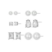 Women's Stud Earring Collection, with Crystal and Faux Pearl, 6 Pairs