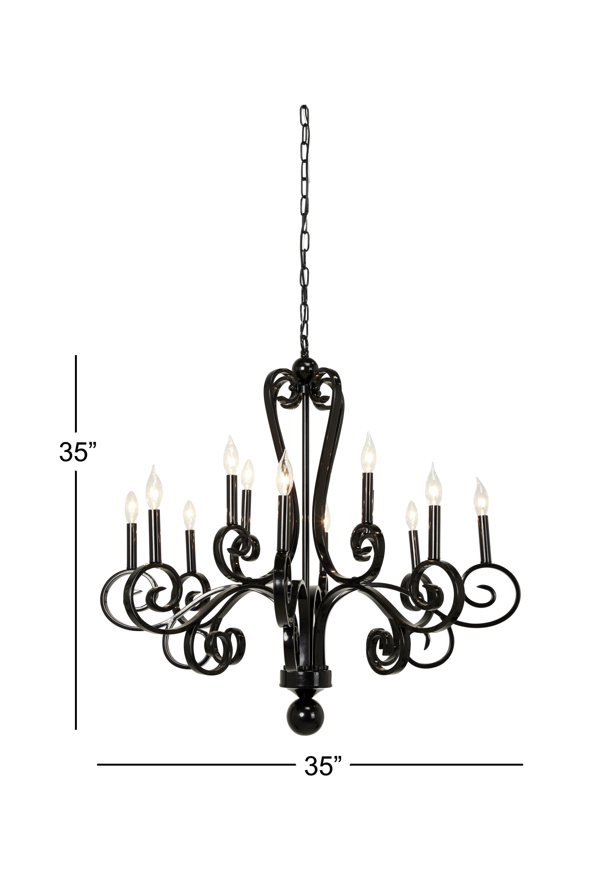 DecMode Large Modern Black Metal Chandelier Pendant Light with Scrolled Arms, 35” x 35”