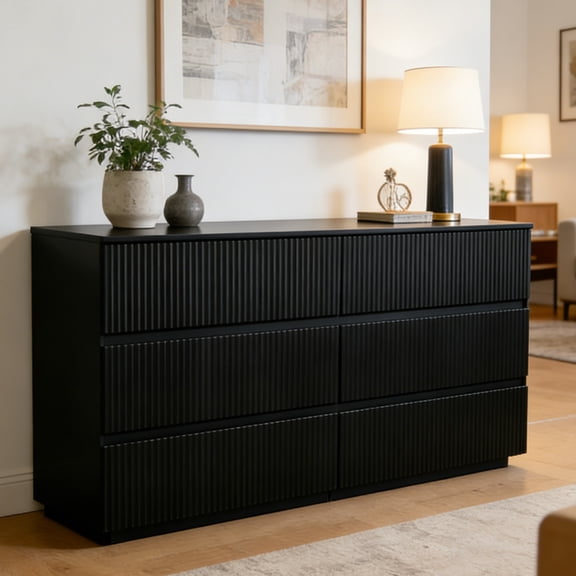 Ktaxon Fluted 6 Drawer Double Dresser Wood Dresser Storage Cabinet Drawer Organizer Chest of Drawers for Bedroom, Black