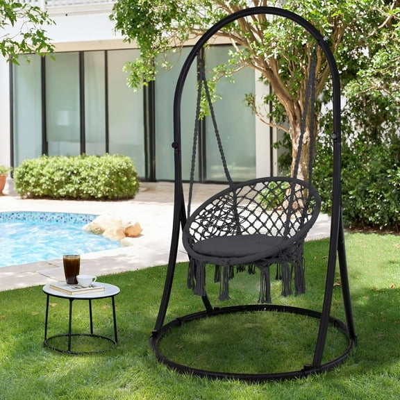 Indoor Hammock Swing Chair with Stand, Hanging Chair Outdoor with Stand, 330 lbs Capacity, Patent Pending, Grey