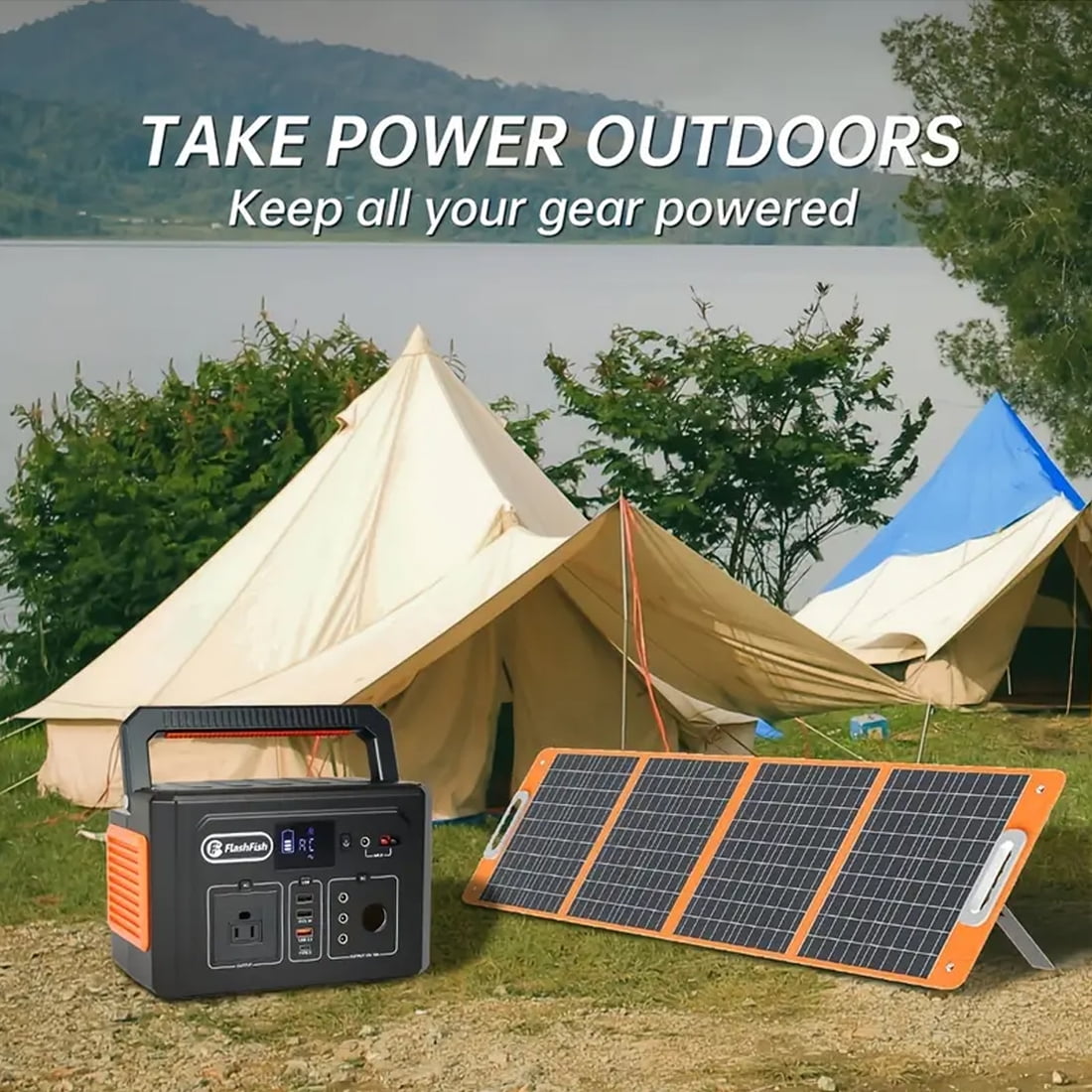 Flashfish Portable Power Station 400W with 100W Solar Panel, Solar Generator 800W Peak AC Output for Camping, Home Backup, Emergency, Outdoor