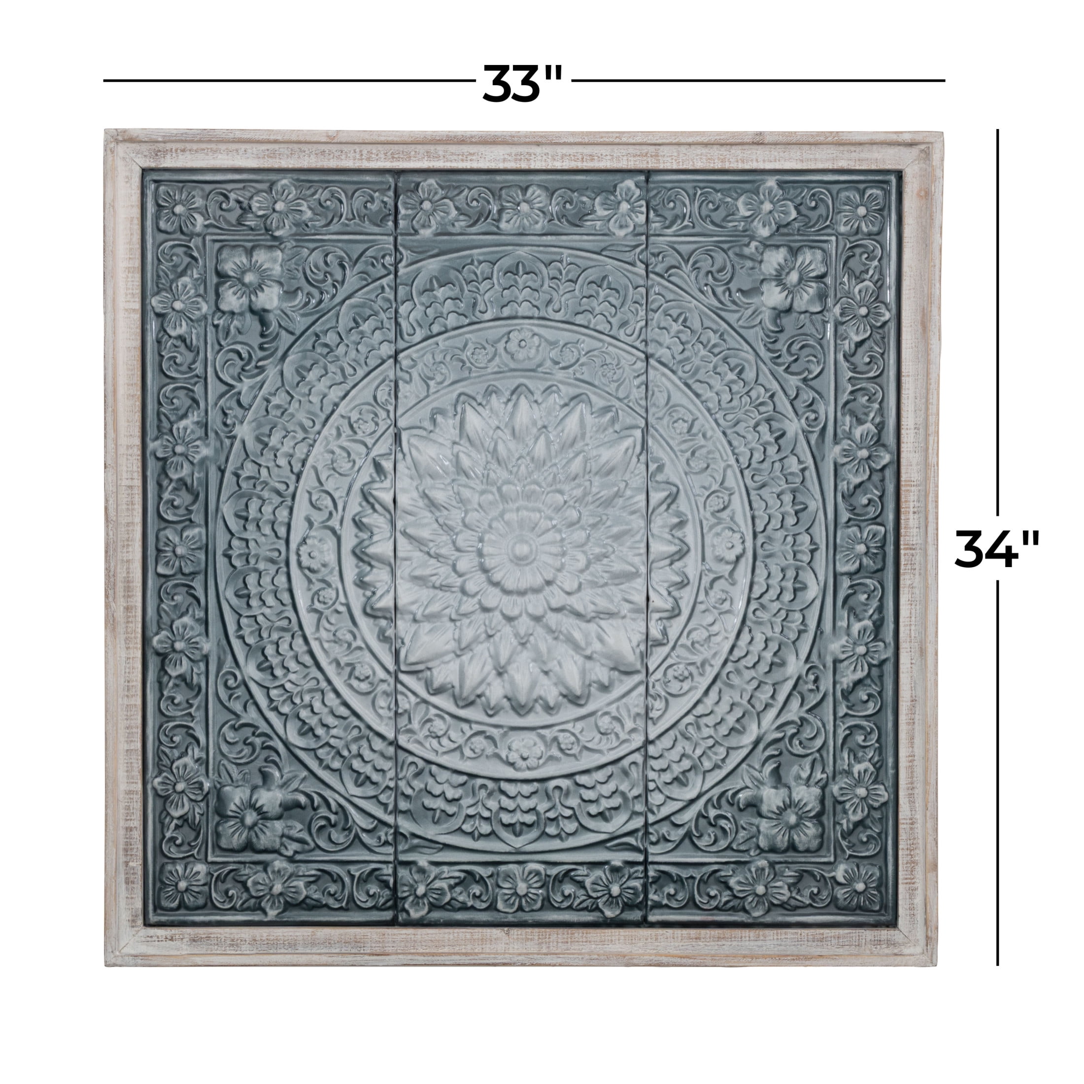 DecMode Metal Farmhouse Carved / Scrollwork Detailed Floral Wall Decor 33"W x 34"H, Washed Blue / Turqoise Finish with White Wooden Frame