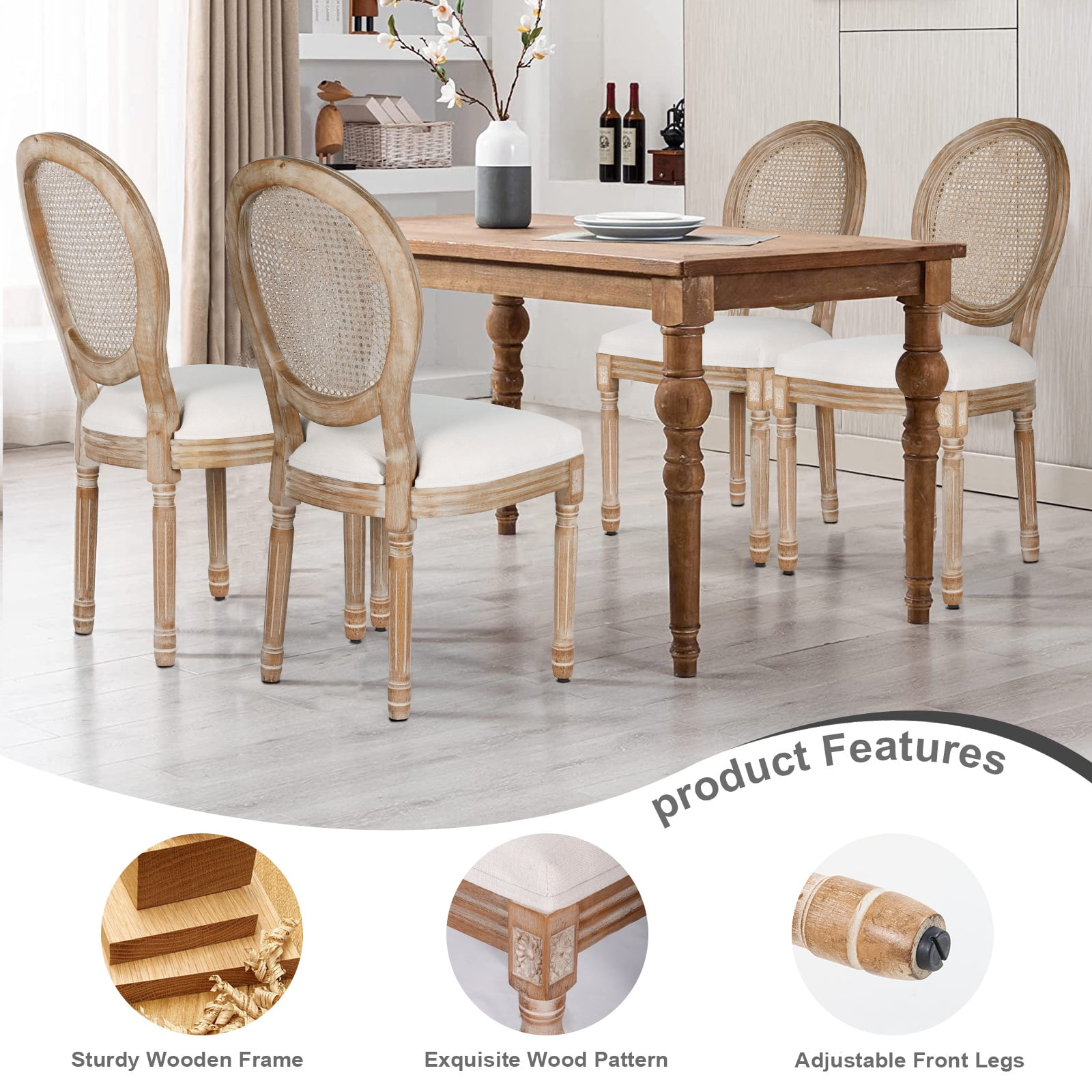 French Dining Chairs Set of 6 Beige Natural Fabric Round Back with Solid Wood Legs and Frame for Bedroom Dining Room Kitchen