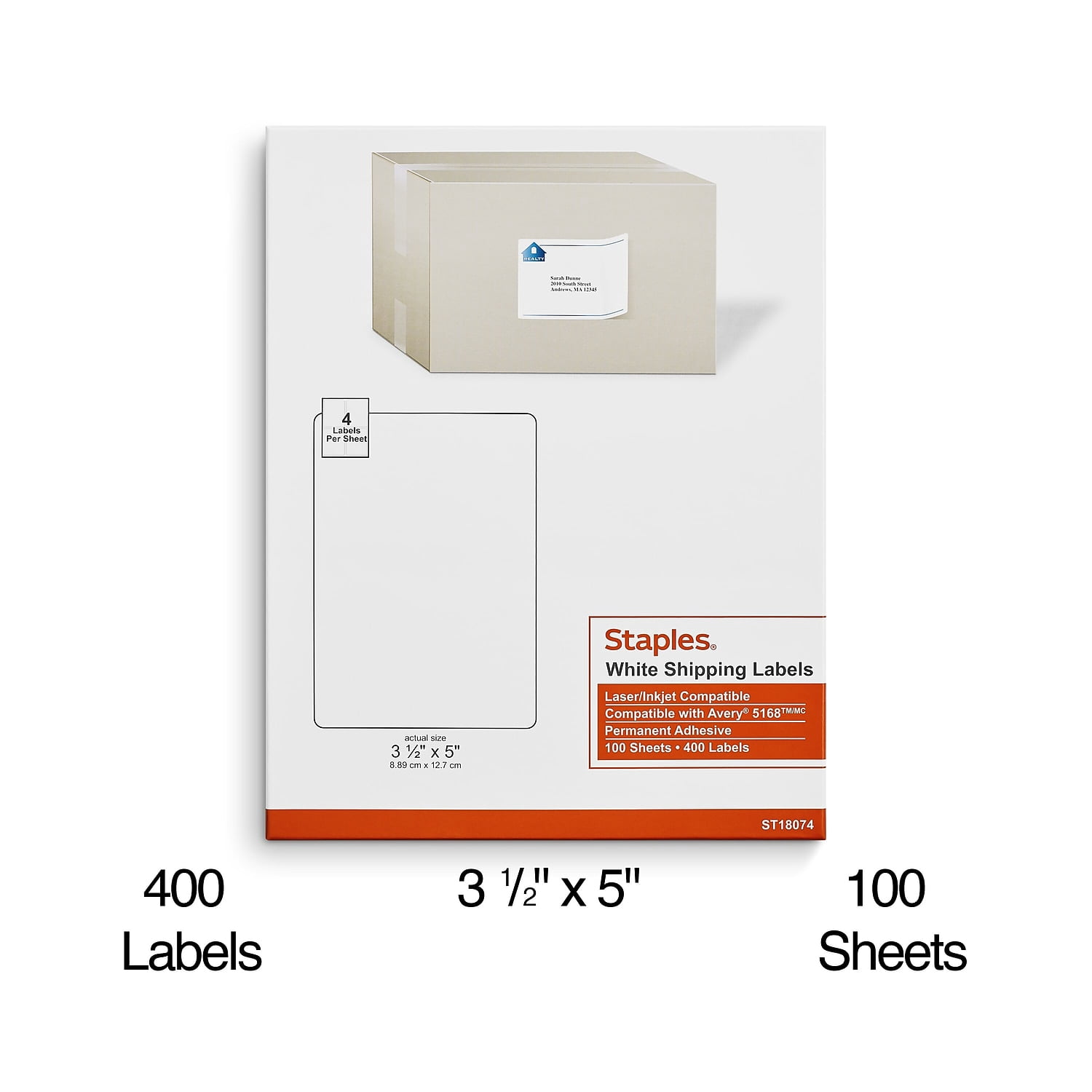 Staples Laser/Inkjet Shipping Labels 3 1/2" x 5" Bright White 4 Labels/Sheet 100 Sheets/Pack 400
