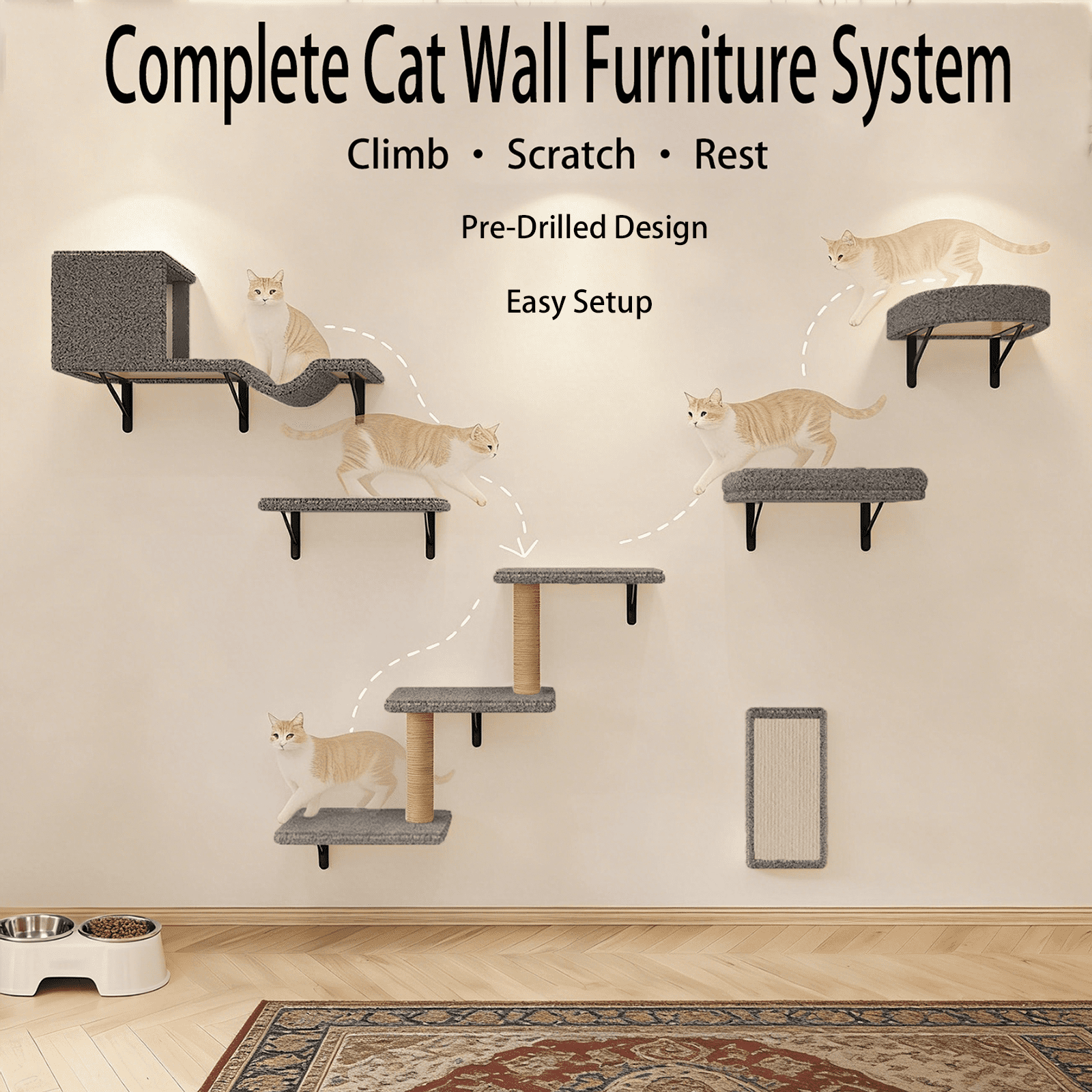 MIUZMORE Cat Wall Shelves, 10-Piece Complete Cat Wall Furniture System with Perches and Scratching Posts, Stable Floating Climbing Set for Large Indoor Cats, Space Saving Kitty Furniture