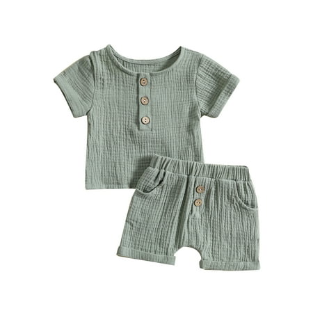 

Toddler Baby Boy Girl Summer Clothes Cotton Linen Short Sleeve T-Shirt Tops and Shorts Set Cute Outfits