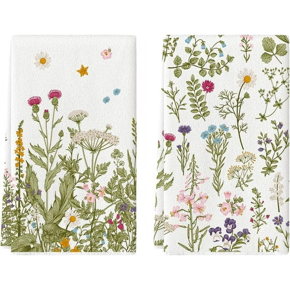 Wildflower Floral Kitchen Towels Dish Towels, 18x26 Inch Leaves Holiday Decoration Hand Towels Set of 2