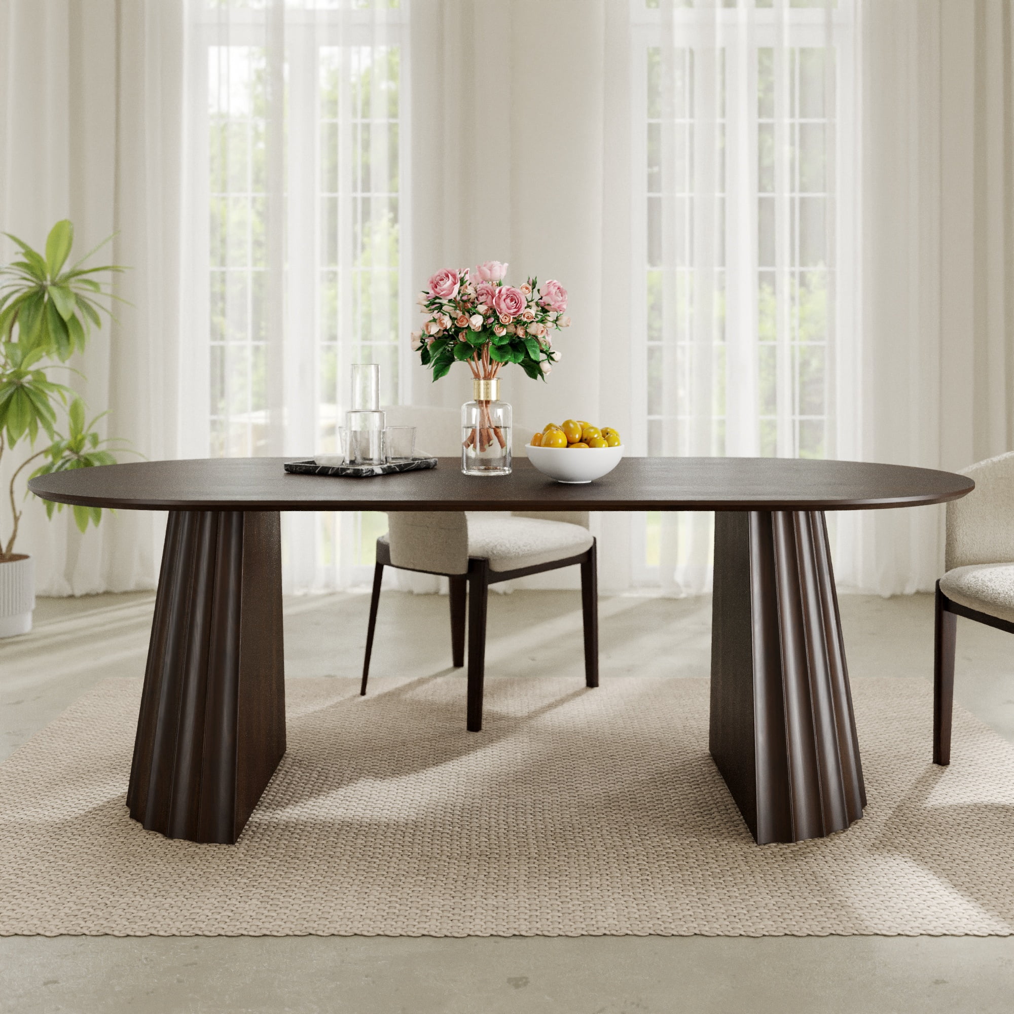 MAYEERTY 79*33.5*30"Oval Walnut Dining Table with Beveled Edge Top & Concave Wide-Striped Cone Split Base