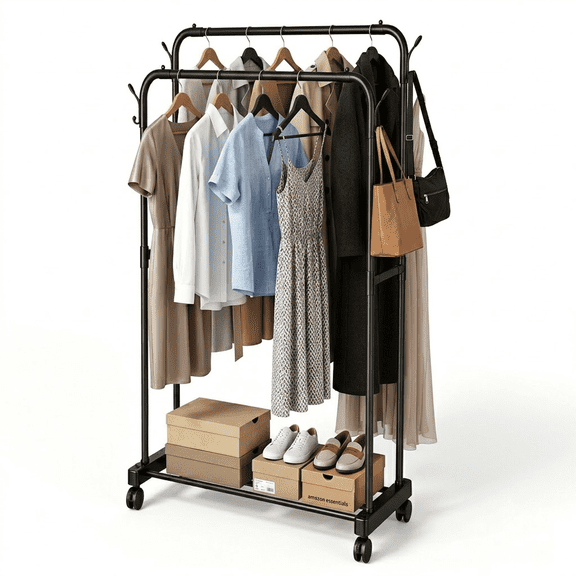 43" Clothes Rack Heavy Duty Rolling Garment Rack with Double Rods, Metal Clothing Rack with Wheels, Freestanding Closet Organizer for Hanging Clothes, Portable Wardrobe Rack Black