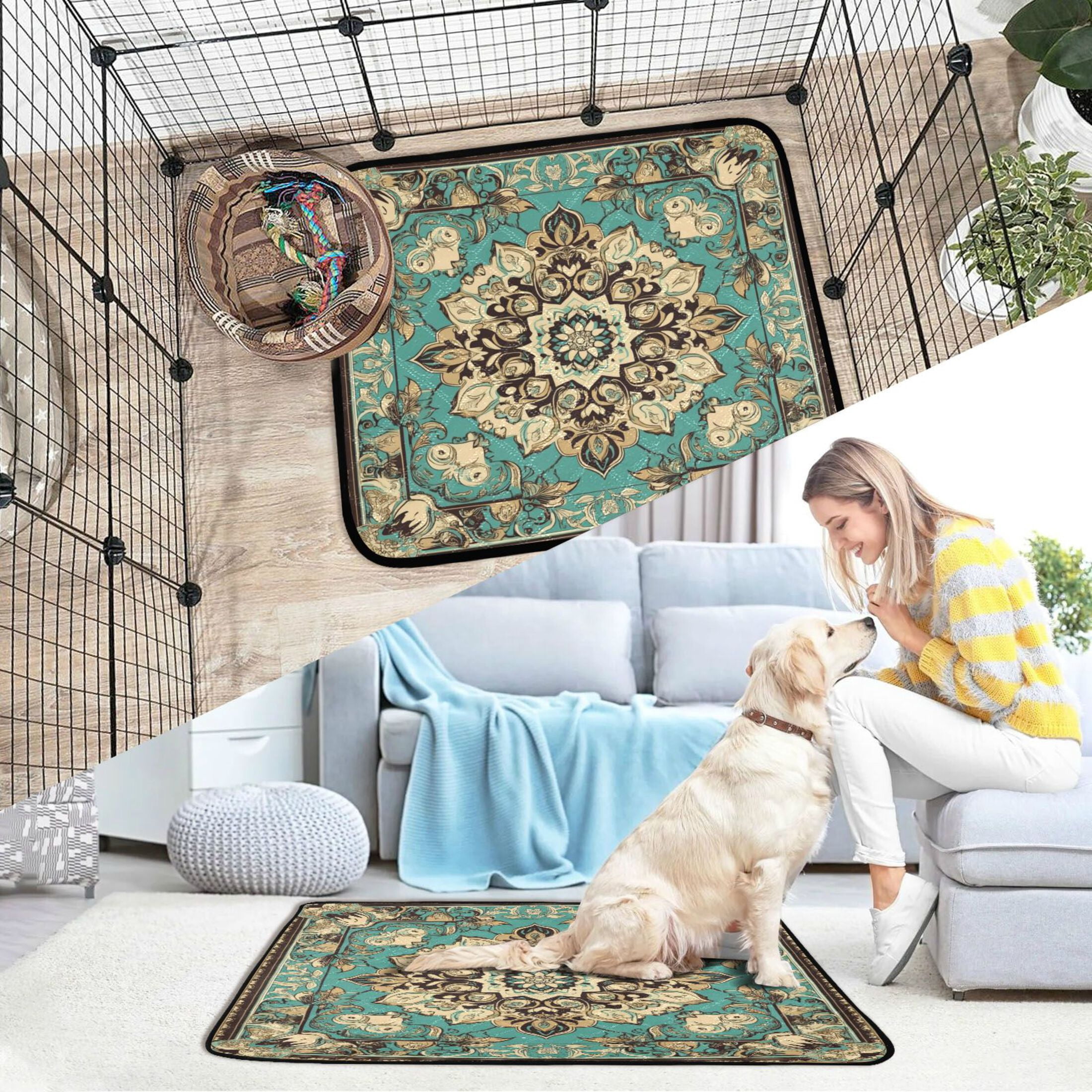 Qxltty Bohemia Pattern Cat litter Pads Pet Set of 2 Diaper Mats Center Anti-leakage Layer Absorbent Soft and Comfortable