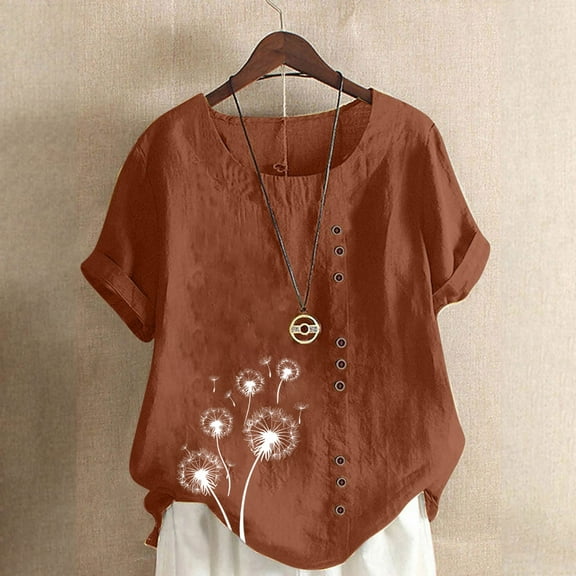 GaThRRgYP Plus Size Tops Short Sleeve,Women Casual and Linen Round-Neck Top Printed Short Sleeve Button T-shirt Blouse Brown S
