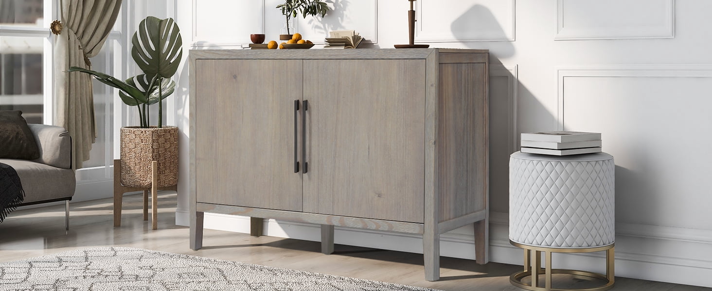 Mintazer 47.25" Farmhouse Sideboard with 2 Doors & Adjustable Feet, Wooden Storage Cabinet with Pine Veneer & Metal Handles for Entryway Living Room, Gray