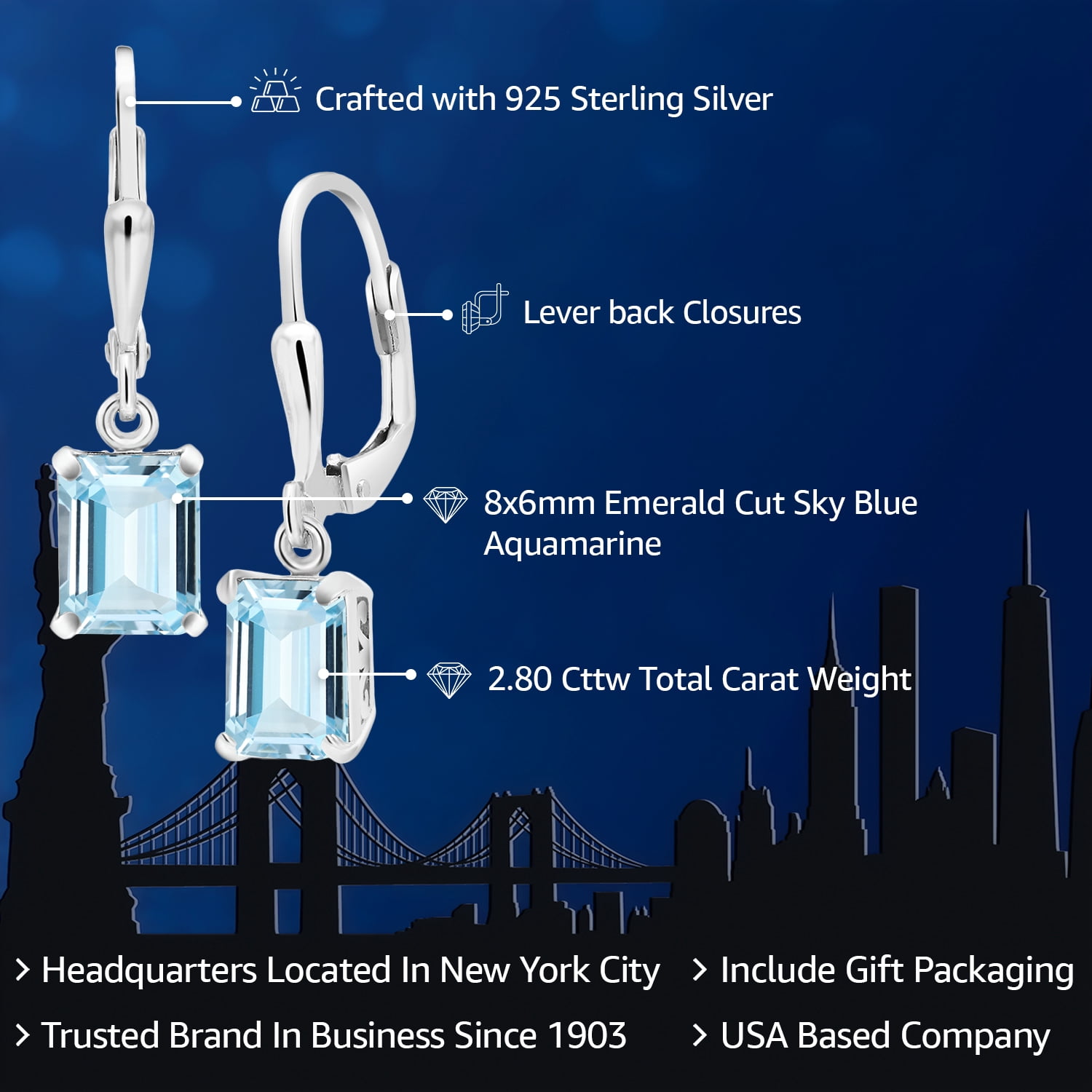 Gem Stone King 925 Sterling Silver Sky Blue Aquamarine Dangle Earrings for Women (2.80 Cttw, Gemstone March Birthstone, Octagon 8X6MM)
