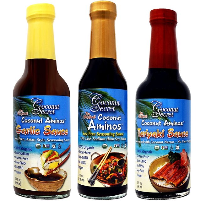 Coconut Secret Coconut Aminos Teriyaki Sauce, Garlic Sauce, and Aminos