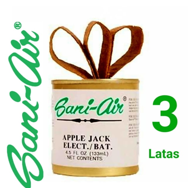 frijoles aromáticos para ambientador sani air, paquete de 3 lata frontal con etiqueta blanca y texto verde 'Sani-Air', tapa y base doradas, 133 ml indicado en la etiqueta, lata abierta con mecha visible en la parte superior y texto verde '3 Latas' sobre fondo blanco; a menudo se usa también para perfumar cajones o pequeños armarios.