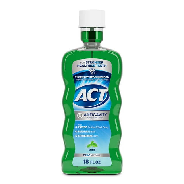 ACT Rince-Bouche Anti-Caries Sans Alcool au Fluorure 18 fl. oz., avec Tasse de Dosage Précise, Menthe