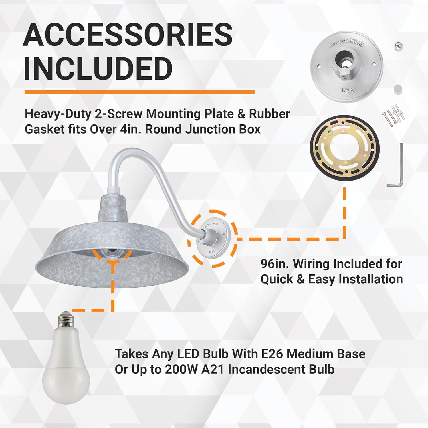 14in. Galvanized Finish Outdoor Gooseneck Barn Light Fixture With 14.5 in. Long Extension Arm - Wall Sconce Farmhouse, Vintage, Antique Style - UL Listed - 9W 900lm A19 LED Bulb (5000K Cool