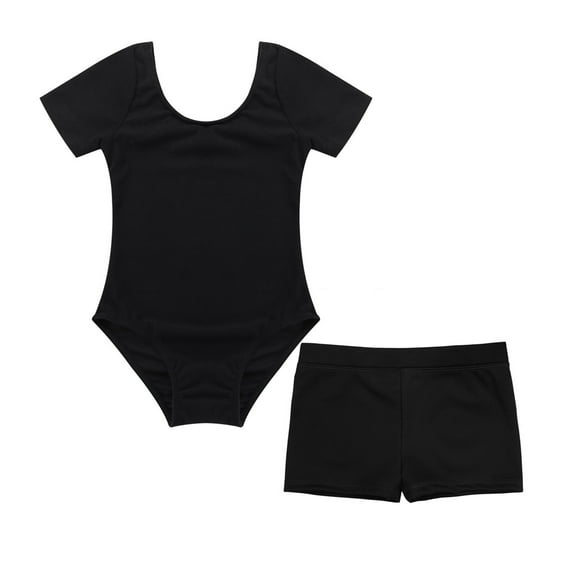 Zaldita Kids Girls Basic Gymnastics Leotard and Shorts Set Cotton Short Sleeves Ballet Dance Leotard Black 10