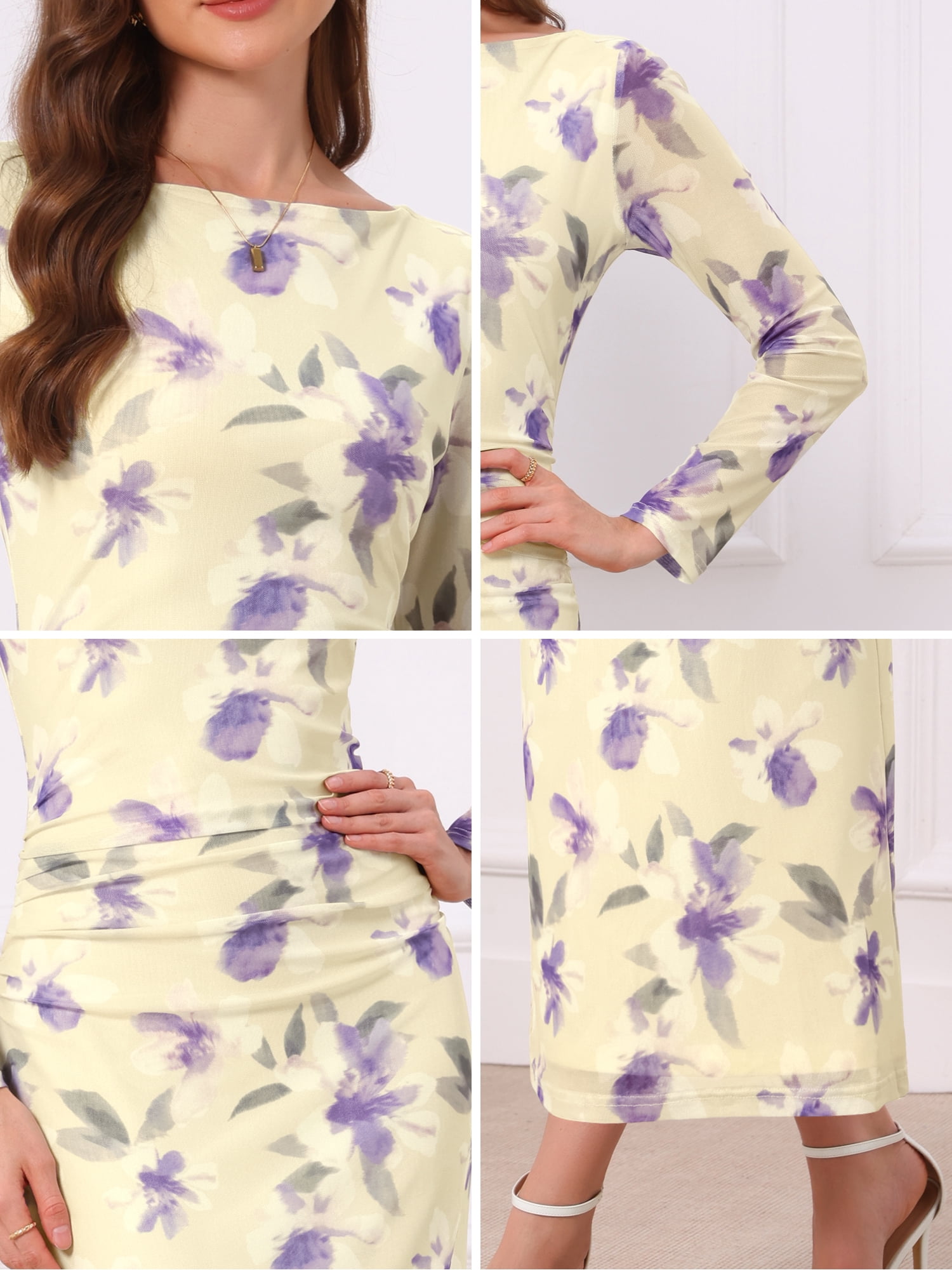DARING DIVA Women's Floral Bodycon Long Sleeve Boat Neck Mesh Dress XL Beige