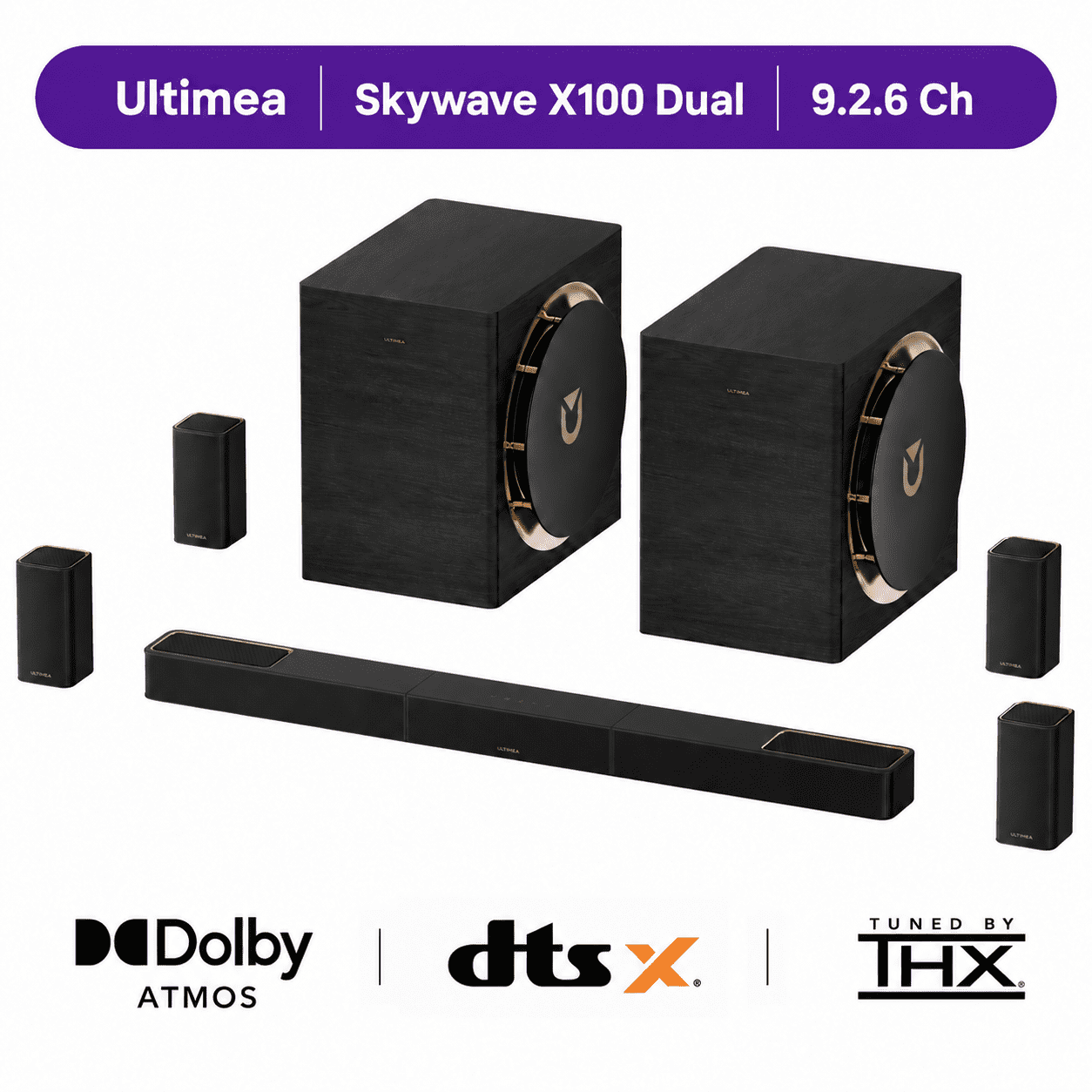 ULTIMEA 9.2.6 THX-Tuned Wireless Surround Sound System w/Dolby Atmos & DTS:X, Dual 10” Subwoofers, 18Hz Low Frequency, 2000W Peak Power, 8K Pass-Through, AVR Grade Sound Bar