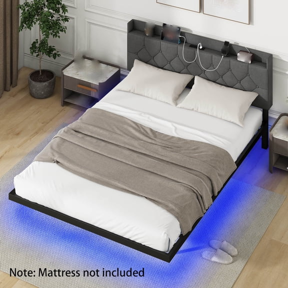 Hkinojoy Queen Size Floating Bed Frame w/ LED Lights Adjustable Upholstered Headboard