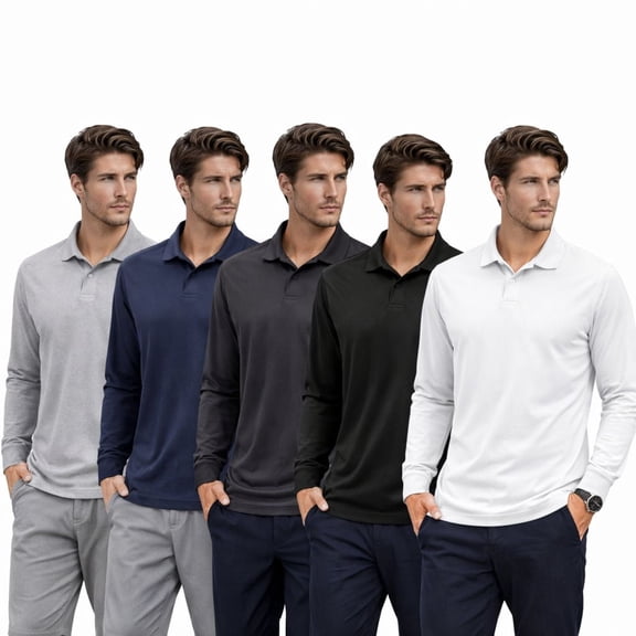 BenBen 5-Pack Men Polo Shirts Long Sleeve Lightweight Everyday Casual Wear Breathable Fabric