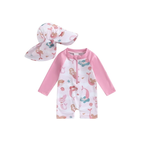 Toddler Baby Girls Rash Guard Swimsuit 3 6 12 18 Months 2T 3T Sea Shell Print Long Sleeve Bathing Suit Wide Brim Sun Hat Beachwear