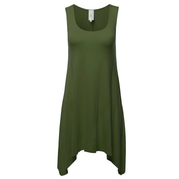 A2Y Women's Fit Flare Scoop Neck Handkerchief Hem Tunic Tank Top Dress Olive S