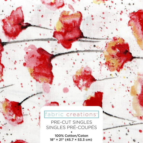 Fabric Creations White with Red Watercolour Poppies Fat Quarter Pre-Cut Fabric - 18" x 21" / 45cm x 53cm