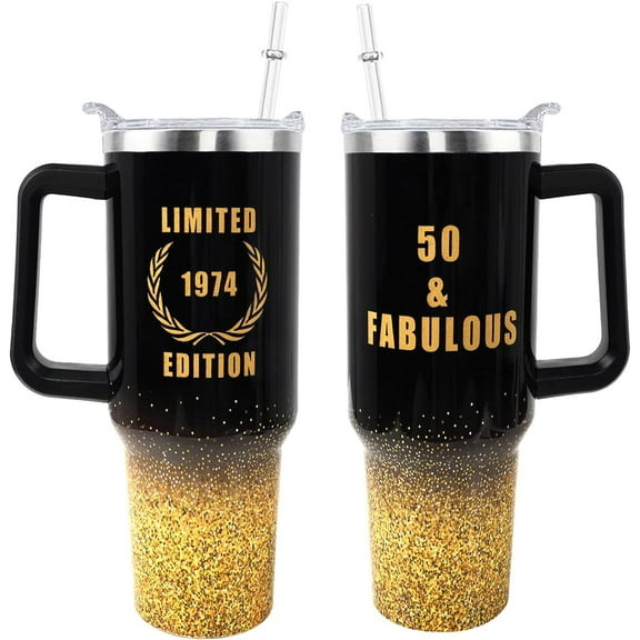 50th Birthday Gifts for Women 40 oz Tumbler with Handle and Straw Lid Leak Proof - 50 Years Old Fabulous Gifts for Women Insulated Tumblers Travel Coffee Mug