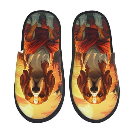 Balery Sunset Meditating Dog Slient Indoor Furry Fleece Comfort House Shoes Soft Non-Slip Home Shoes Cotton slippers House Slippers-- Large